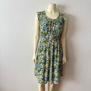 Romy Blue and Yellow Sundress ruffled sleeves ruffled neck Size S